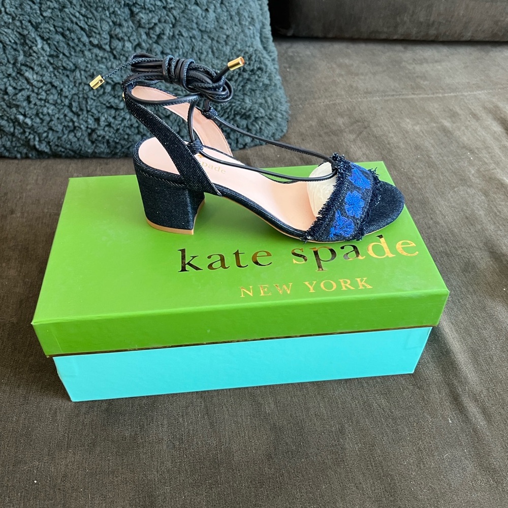 Kate Spade “Wes” Dark denim Sandals with embroidered flowers and ankle wrap